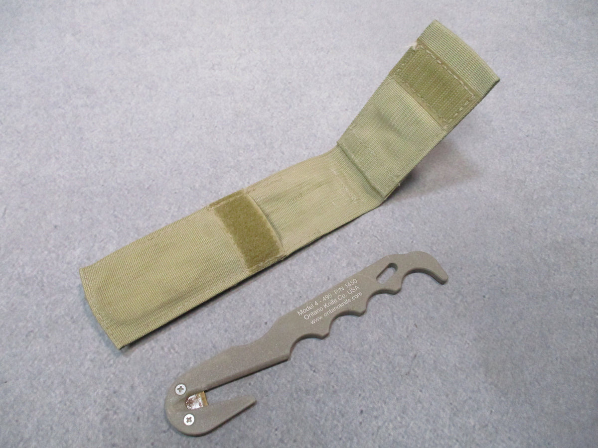 Ontario Knife USGI Strap Cutter Rescue Hook Tan 499 MOLLE Sheath Used