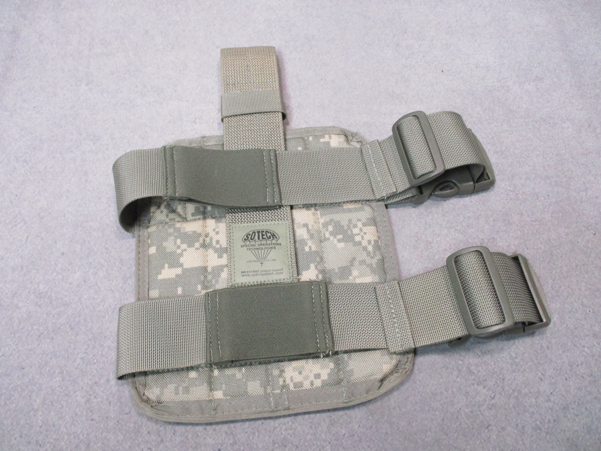 S.O.TECH ACU UCP MOLLE tactical leg platform with adjustable straps and multiple pouches for military or tactical use.