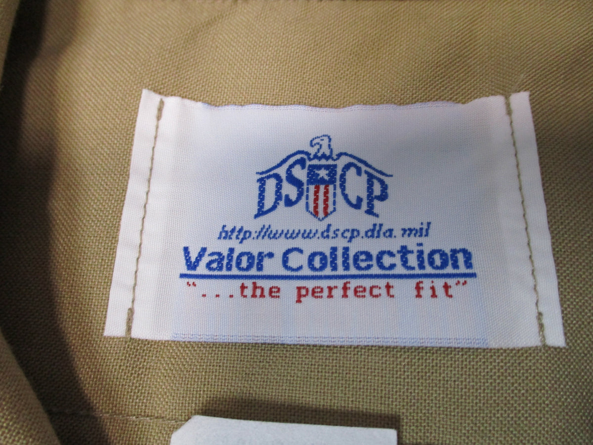 Genuine USMC Woolrich Valor khaki dress shirt, short-sleeve, size 16.5, featuring a button-down collar and military-style design.