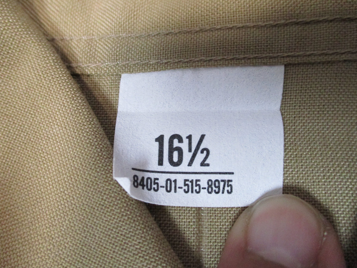 Genuine USMC Woolrich Valor Khaki Dress Shirt short sleeve, size 16.5, featuring a button-down collar and USMC branding.