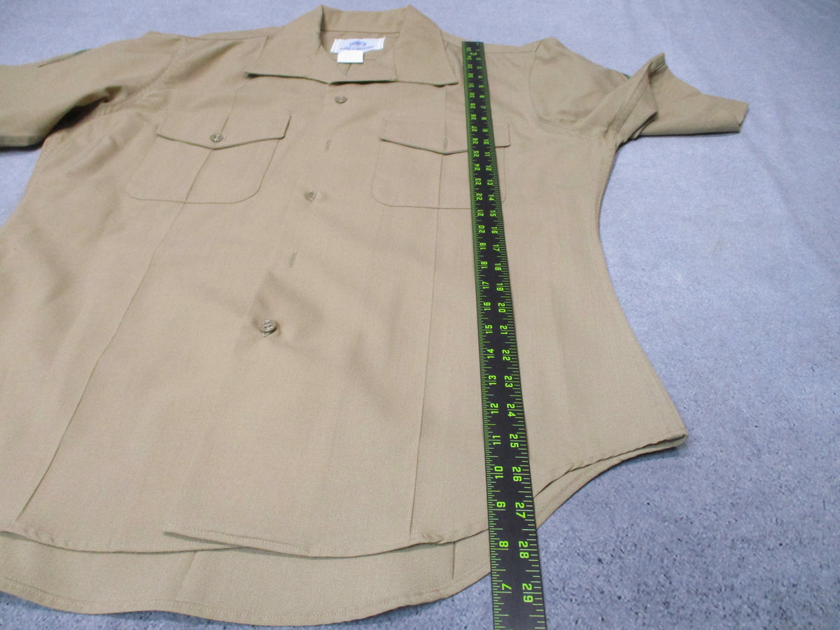 Genuine USMC Woolrich Valor khaki dress shirt, short sleeve, size 16.5, with military-style collar and button front.