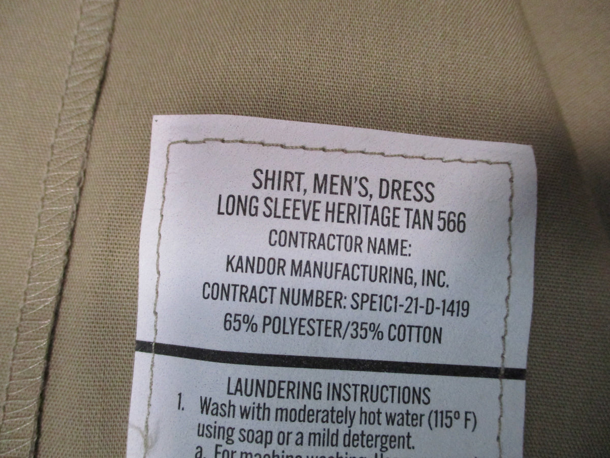 US Army AGSU Men's Heritage Tan 566 Long Sleeve Shirt 22.5in Pit to Pit