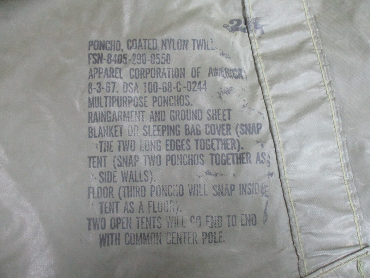 USGI Vietnam War OD Green Coated Nylon Poncho FSN 8405-290-0550 Vintage