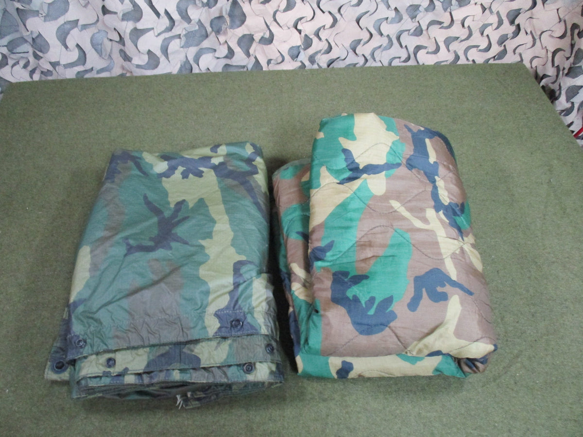 USGI Woodland Poncho + Commercial Woobie Liner Set Used Fair Field Gear