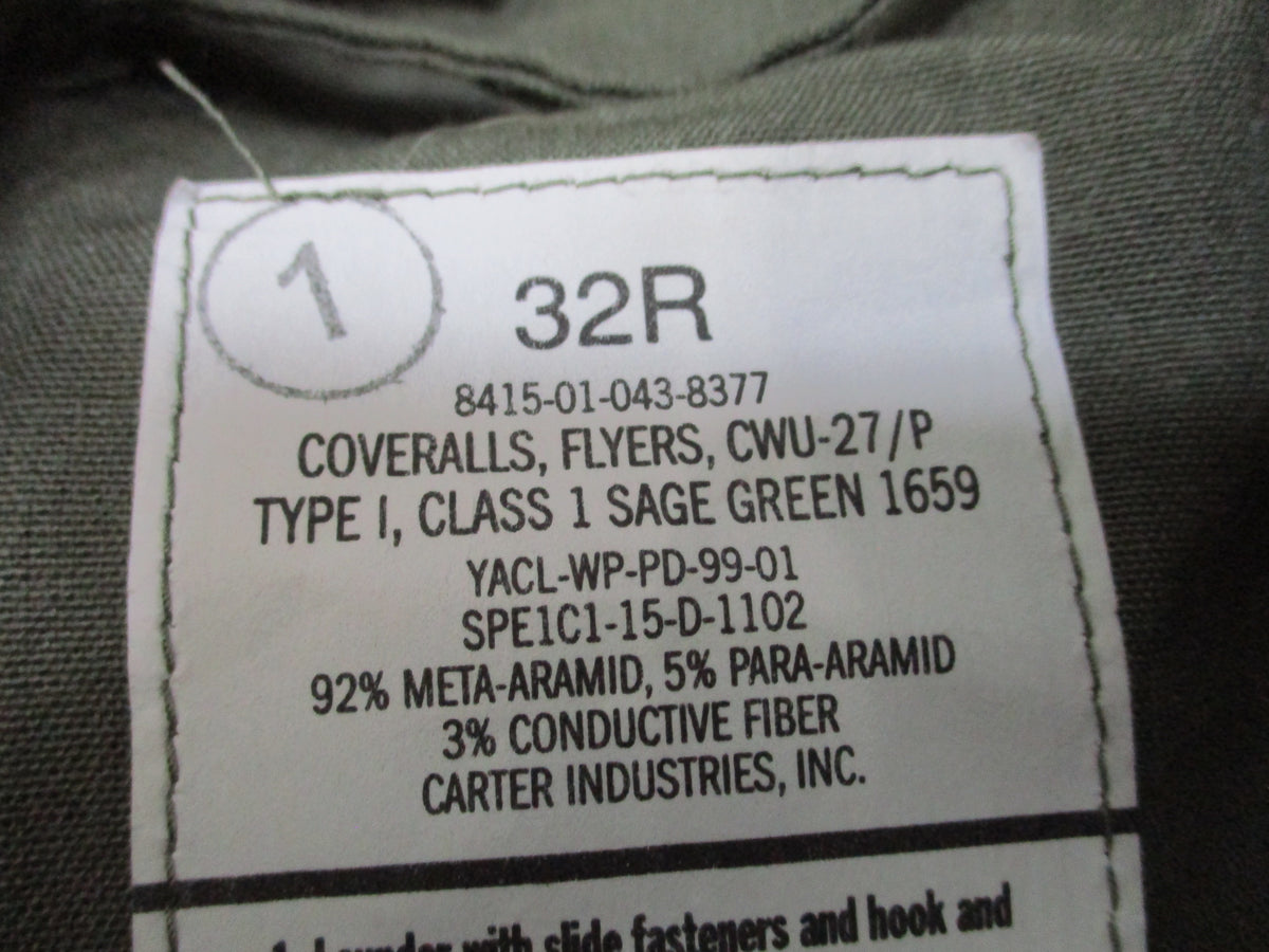 USGI Carter CWU-27/P Flight Suit 32R Sage Green Aramid Flyers Coveralls New