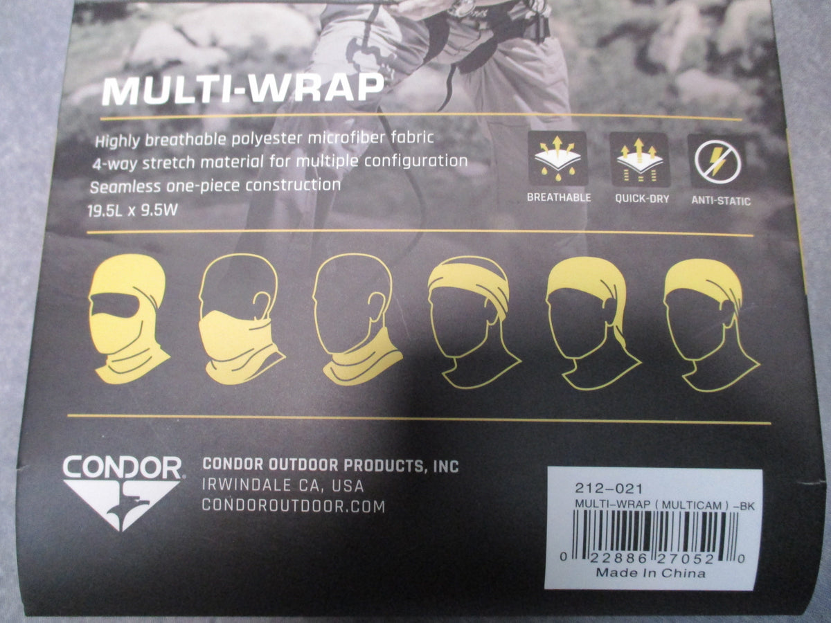 Condor MultiCam Black multi-wrap neck gaiter face cover headwear displayed flat