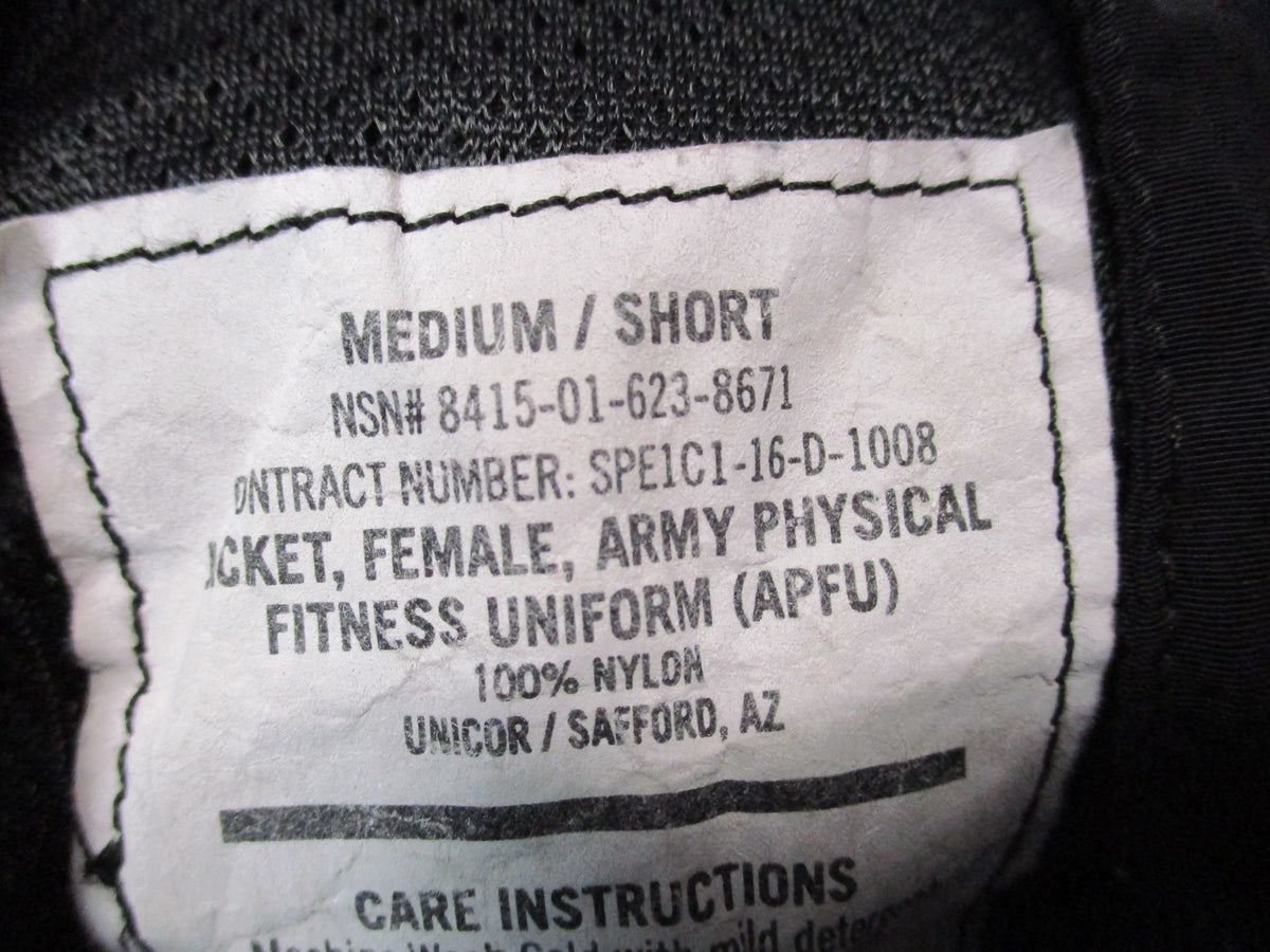 U.S. Army women's APFU PT jacket, medium short, black and yellow nylon windbreaker bent on display