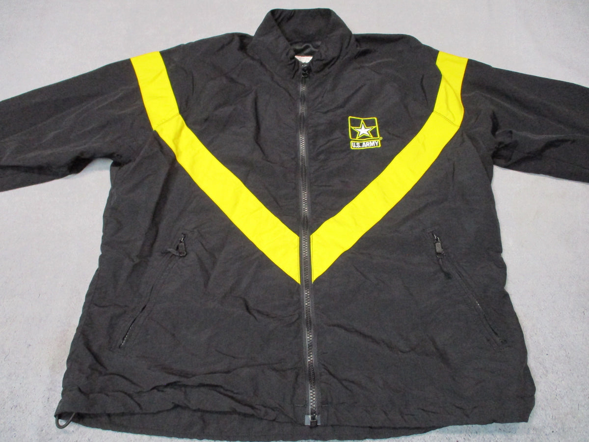U.S. Army women's APFU PT jacket, medium short black and yellow nylon windbreaker with zip front