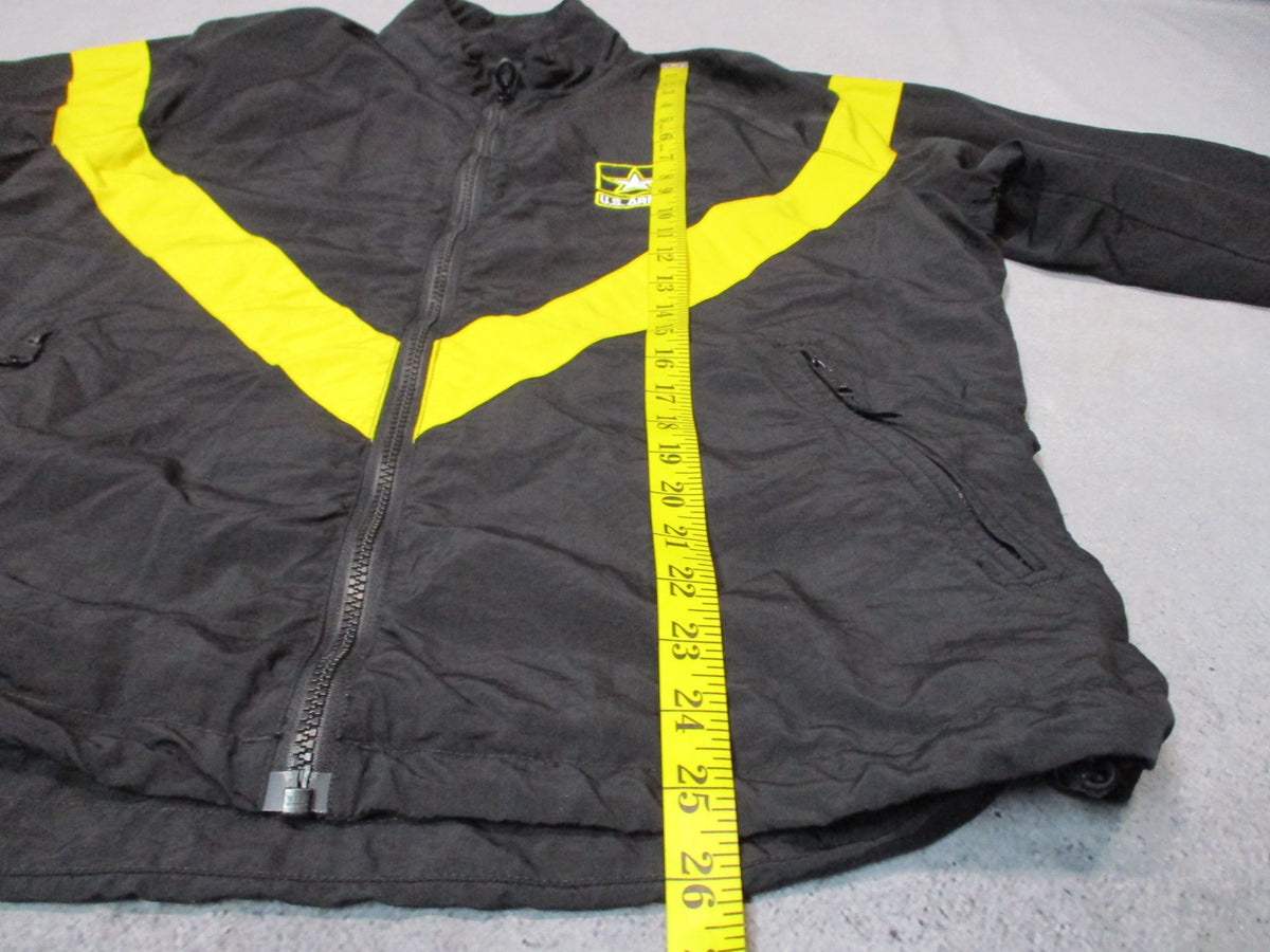 U.S. Army women's APFU PT jacket, medium short black and yellow nylon windbreaker with zip front