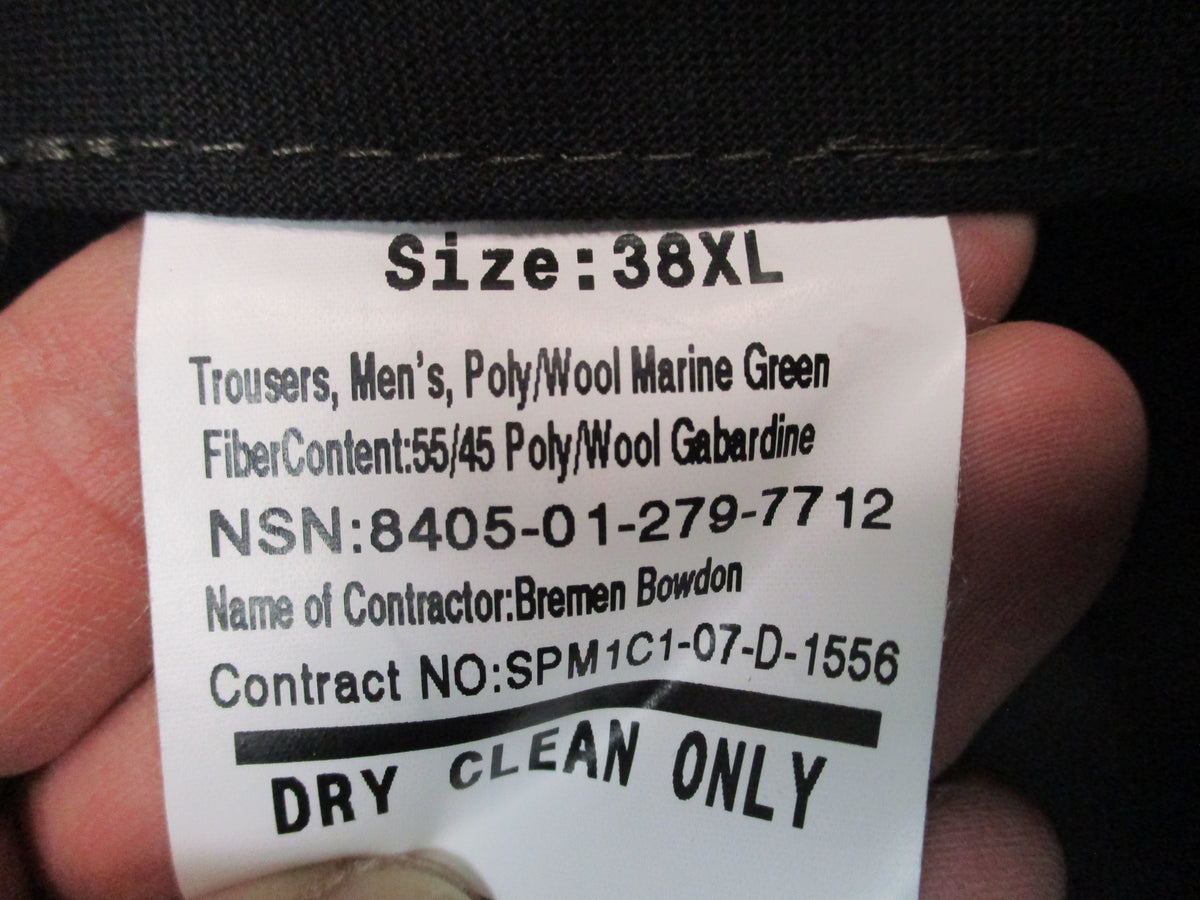 USMC Marine green service dress pants by Bremen-Bowdon, poly wool trousers in 38XL with straight-leg design