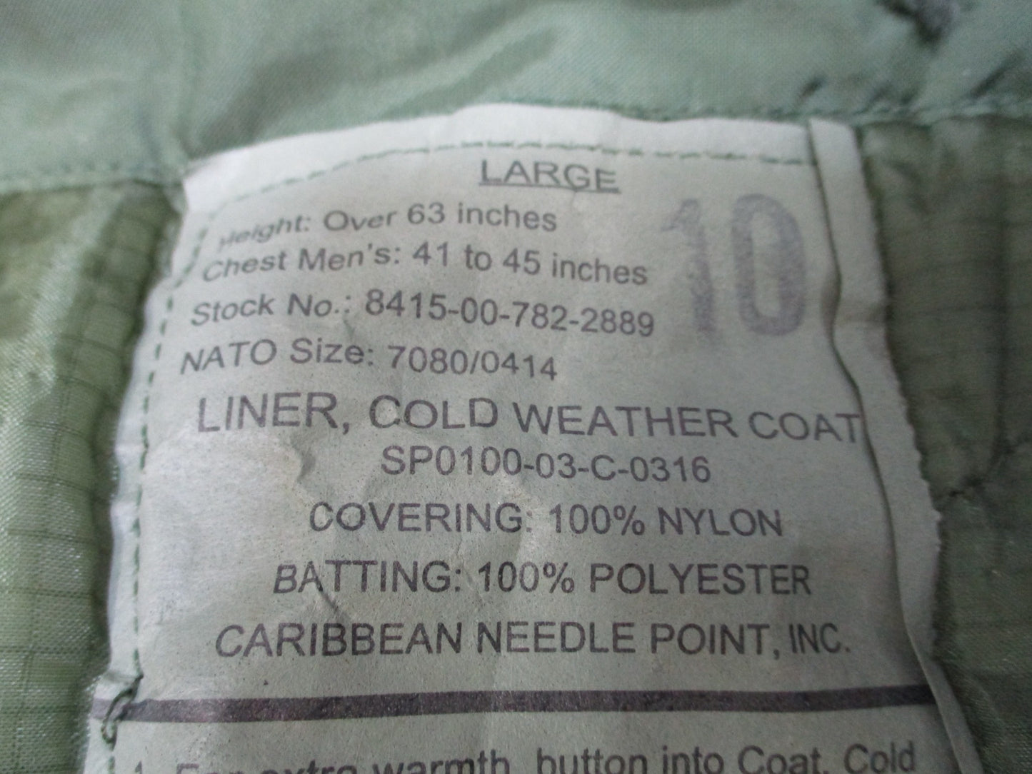 MILITARY LINER COLD WEATHER COAT FIELD JACKET QUILTED INSERT LARGE M65 2889