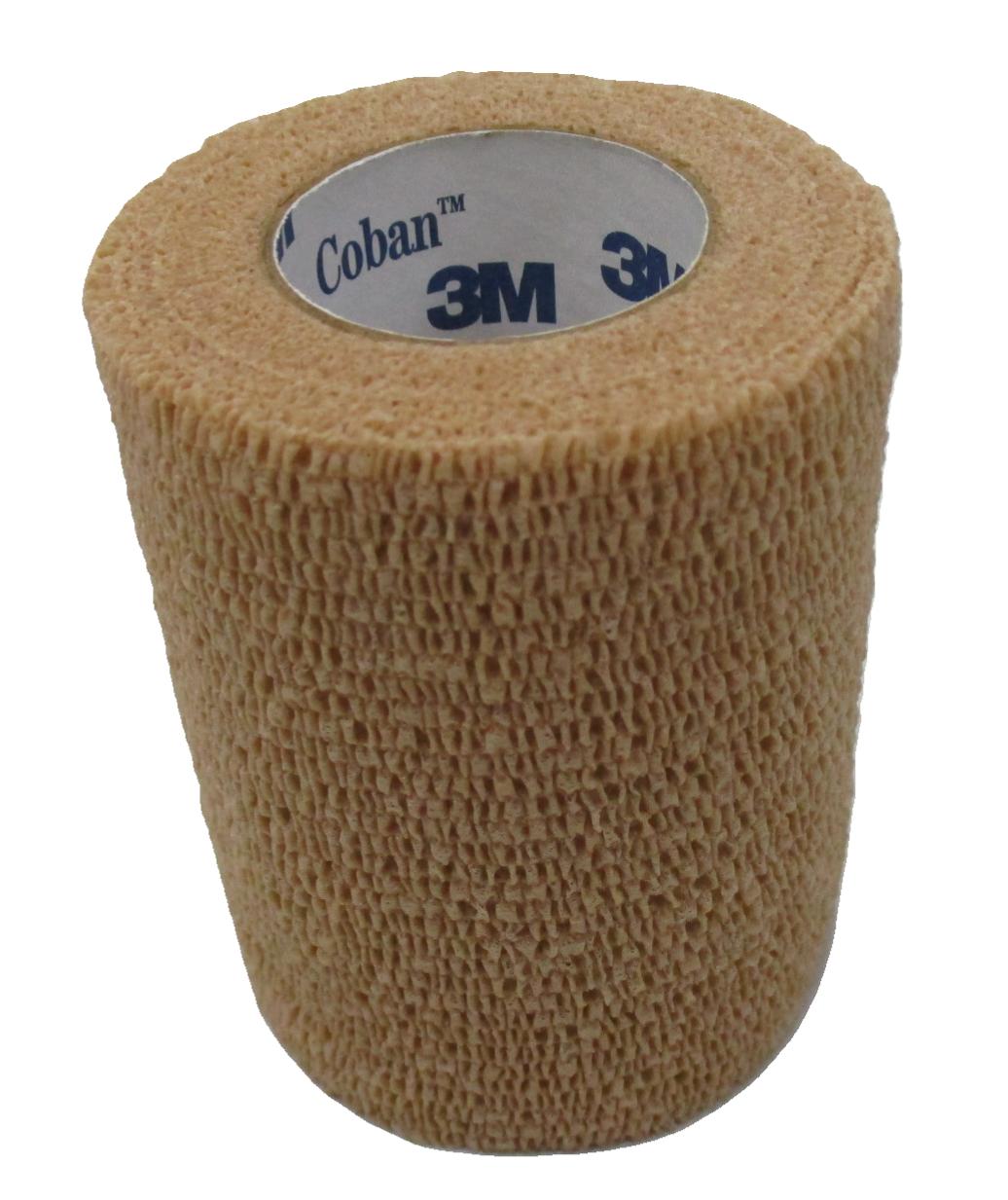 Tan 3M Coban self-adherent wrap in a 2-pack, 3 inches wide and 5 yards long, displayed on a white background.