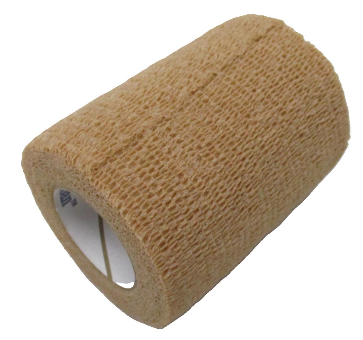 3M Coban self-adherent wrap in tan, 3 inches by 5 yards, showing flexibility and texture for medical use.