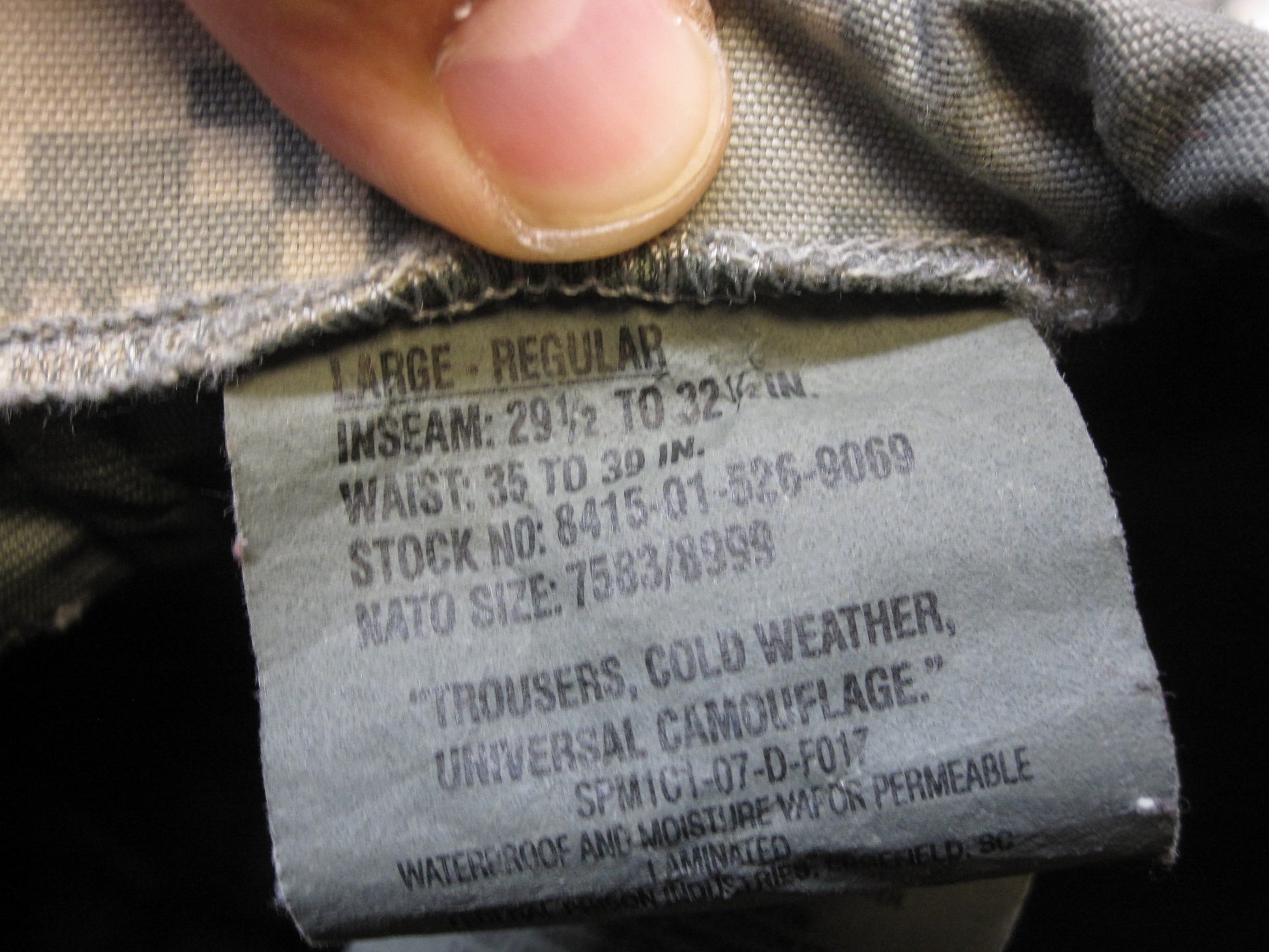 Large Centex Military Gear ACU digital Gore-Tex cold/wet weather trousers in a camouflage pattern.