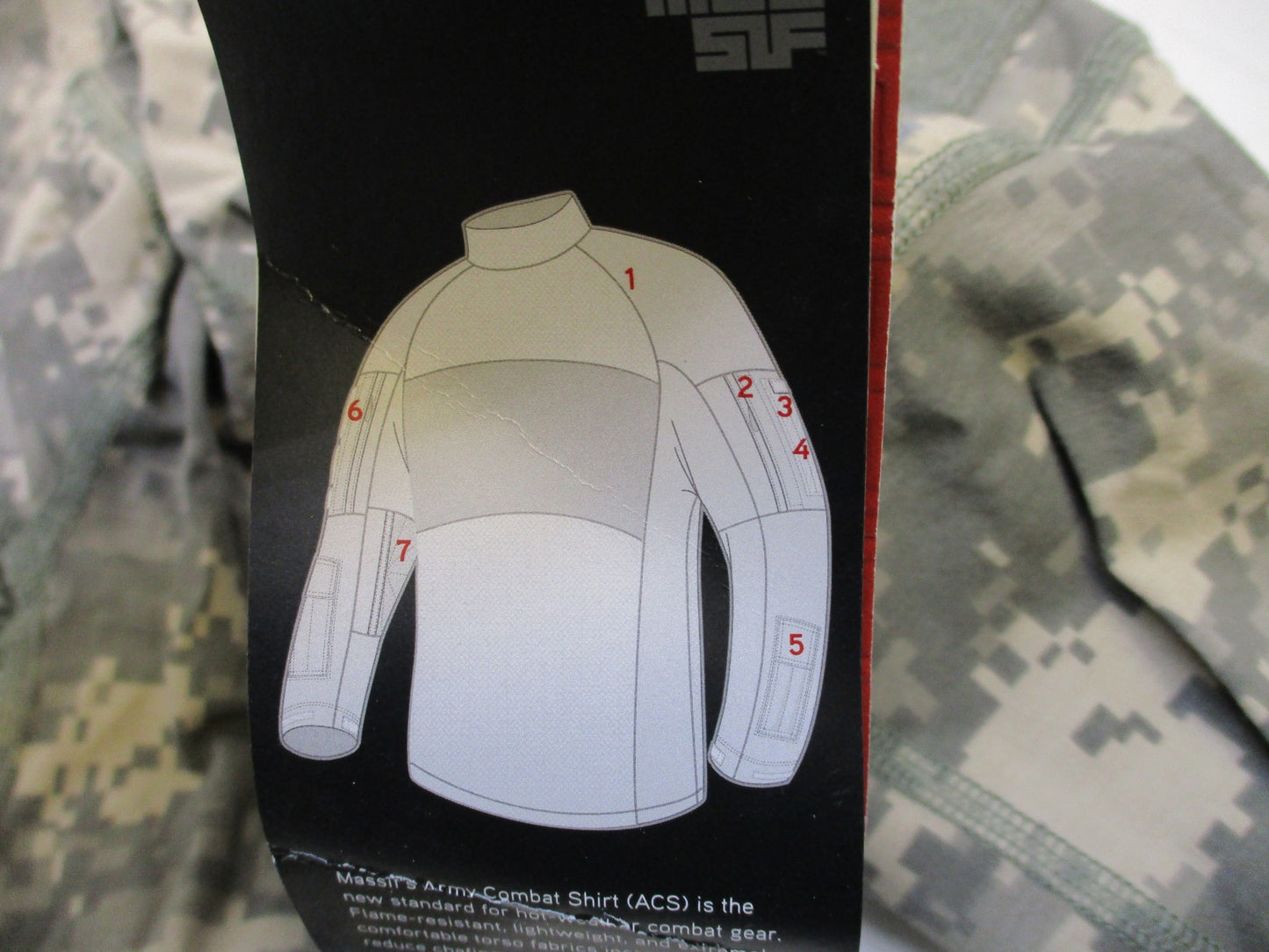 Centex Military Gear Massif FR Army ACU digital combat shirt in UCP camouflage, flame resistant, medium size, front view.