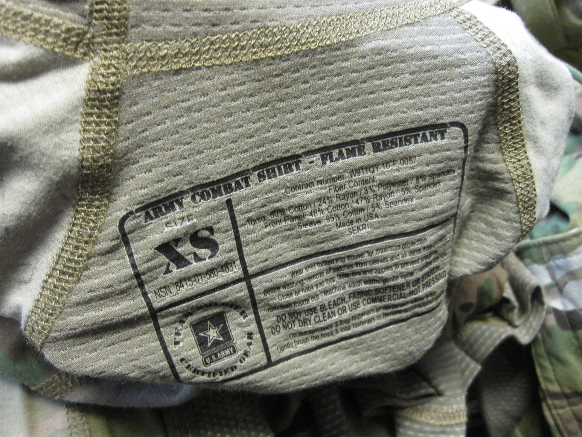 XS Army OCP Multicam combat shirt by Centex Military Gear, flame-resistant hot weather tactical top with camouflage pattern.