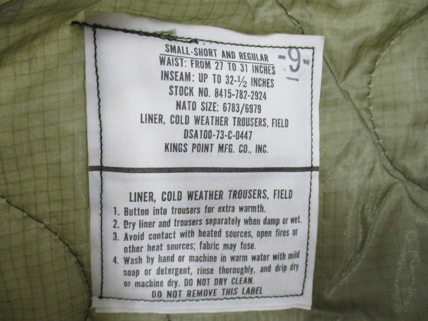 1973 US MILITARY COLD WEATHER FIELD PANTS LINER TROUSER INSULATION M65 36"x21"