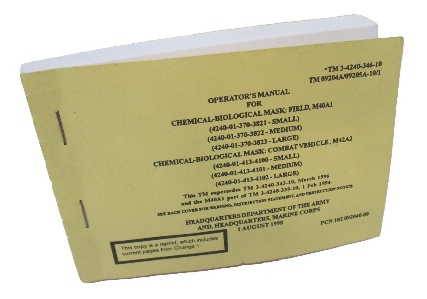 M40 GAS MASK OPERATOR'S MANUAL INSTUCTION BOOKLET M40A1 M42A2 TM-3-4240-346-10