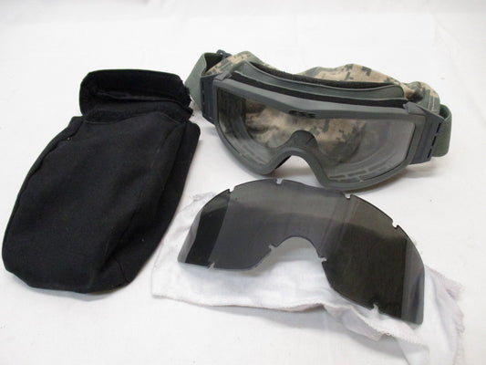 Used Ess goggles low profile NVG eye protection in army ACU digital foliage green with sleeve, designed for military tactical use.