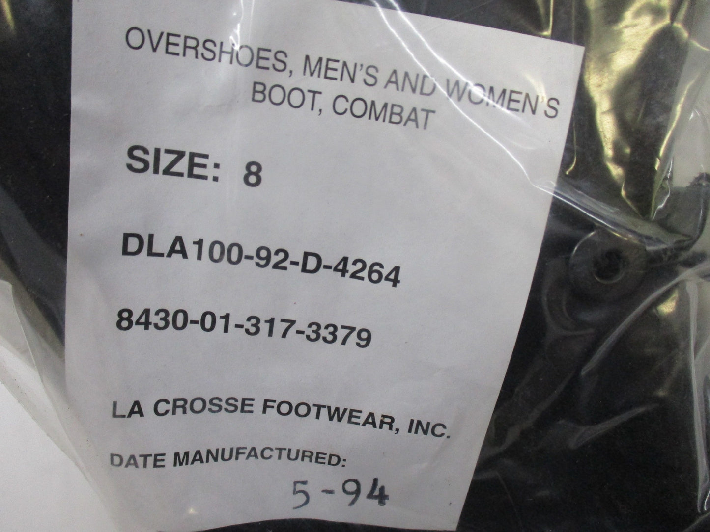 Centex Military Gear USGI rubber overboots for wet weather, slip-on design, size 8, displayed in outdoor setting.
