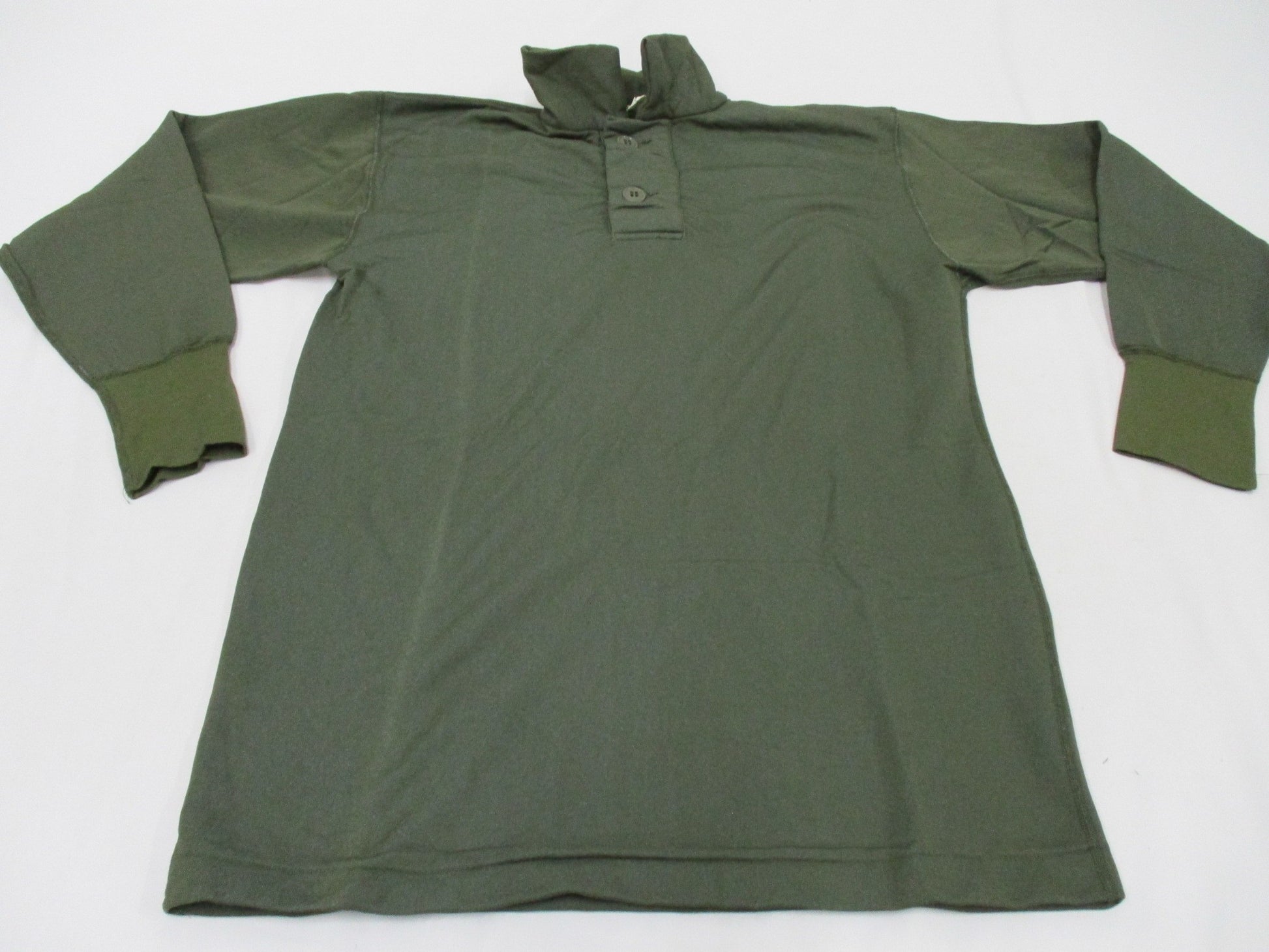 Vietnam War-era olive drab tricot knit shirt for men, size small, by Centex Military Gear, featuring vintage military style.