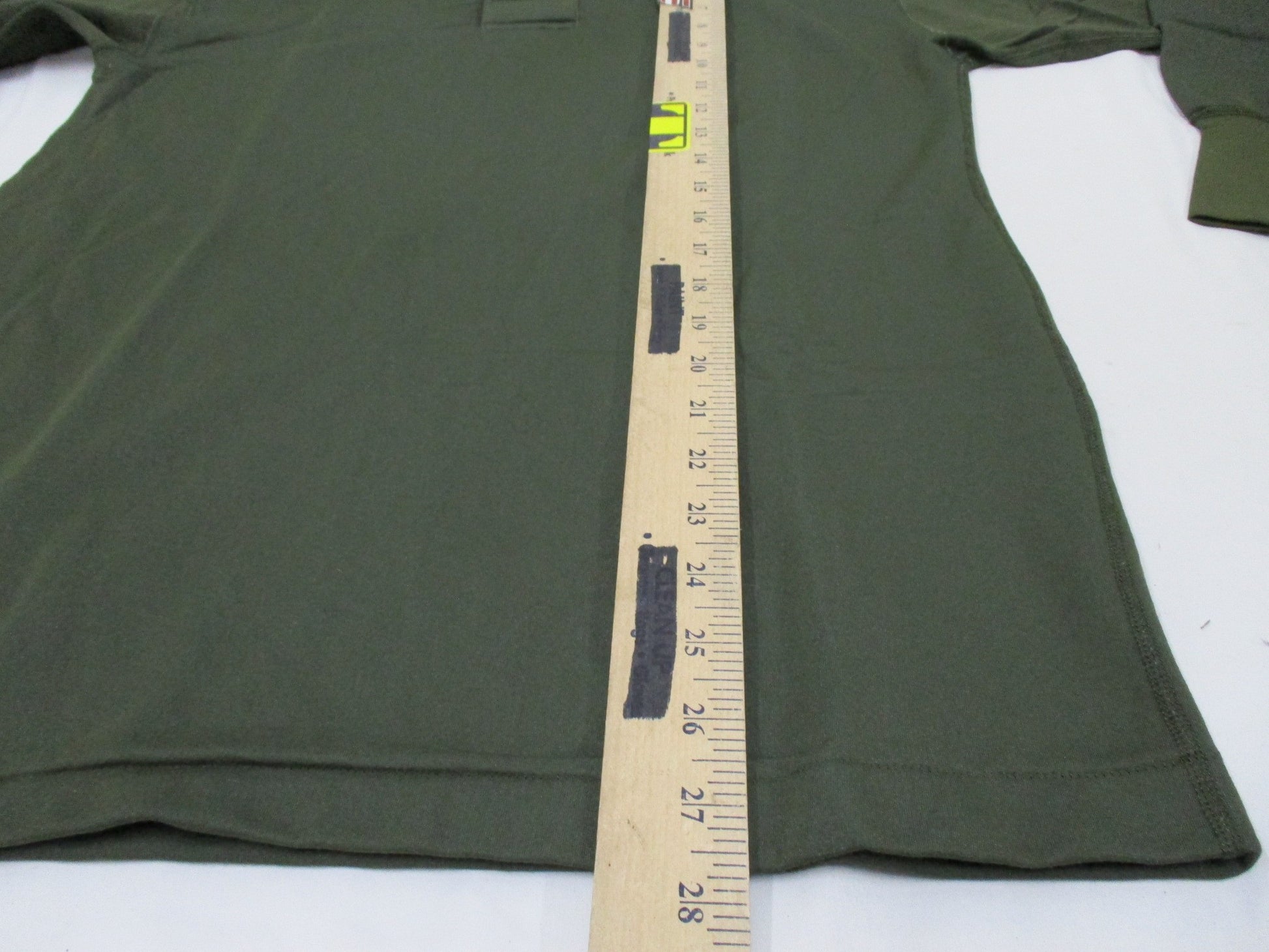 Olive drab Vietnam 1969 USGI shirt in small size, knitted tricot top with sleeping man design, by Centex Military Gear.