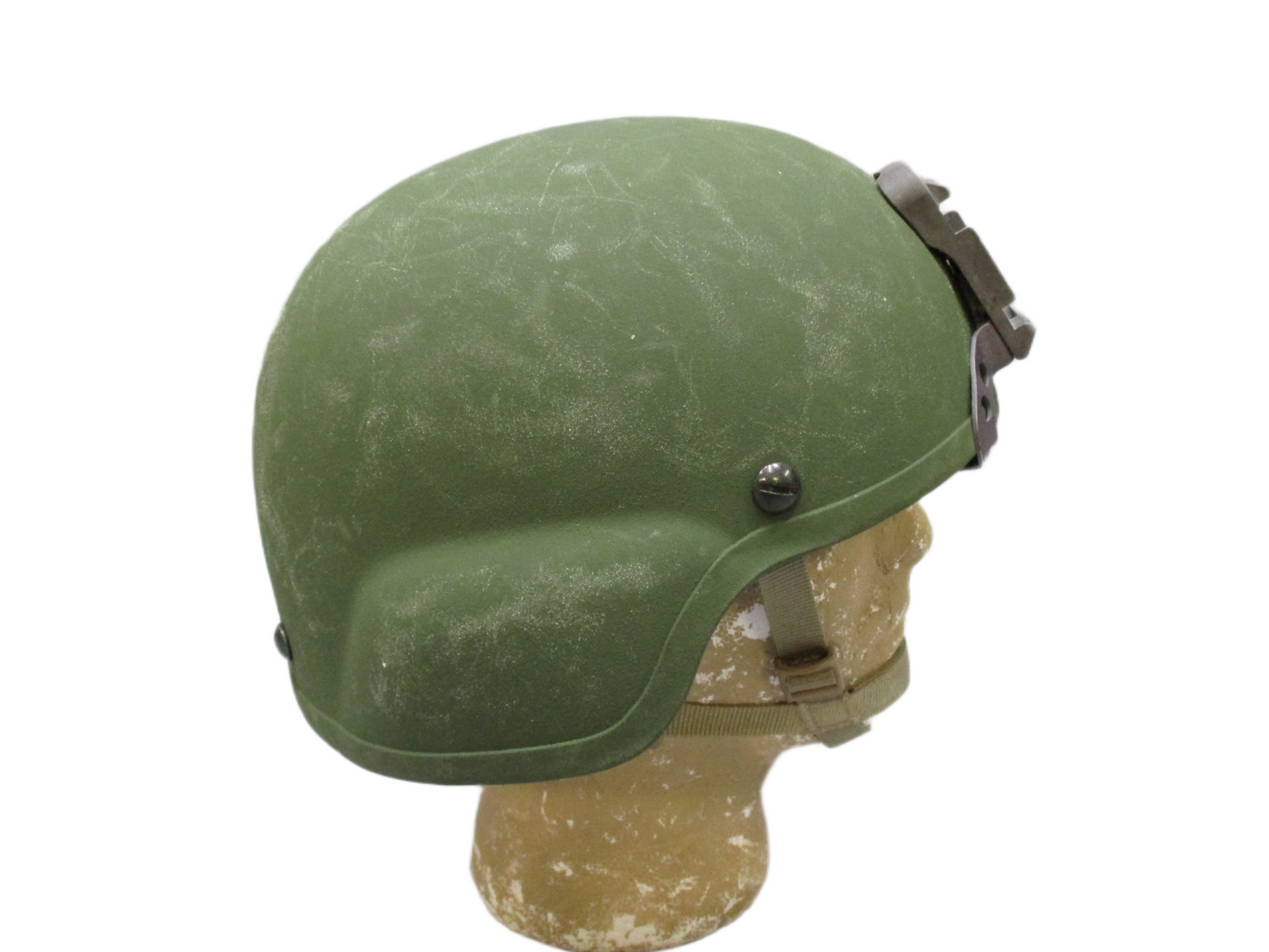 Centex Military Gear ACH Advanced Combat Helmet XL MSA with NVG mount, OD green, including new Ops-Core chinstrap, side view.