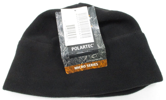 Black Polartec fleece beanie skull cap with military ACU camouflage pattern, designed for warmth and durability.