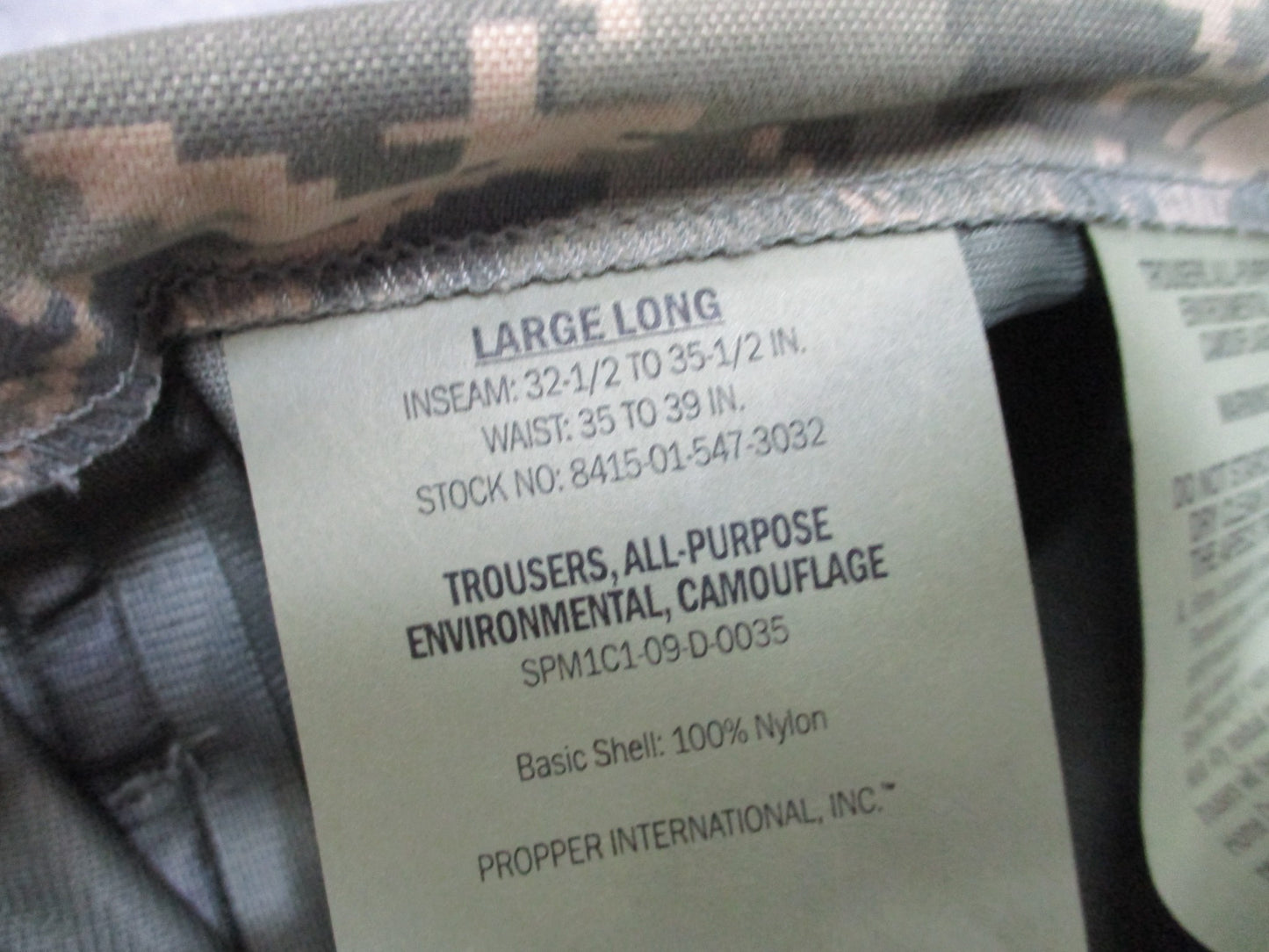 NWT AIR FORCE COLD/ WET WEATHER TROUSER APECS ABDU LARGE/LONG TIGER STRIPE USAF