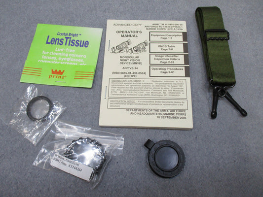 Centex Military Gear PVS 14 operator's manual parts kit with demist shield, sacrificial lens, strap, and wrench.