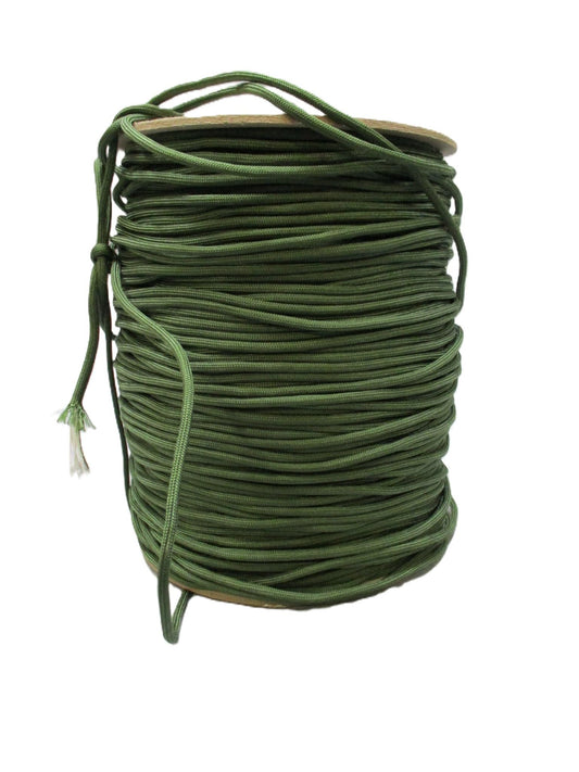 Olive drab green USGI 1200-foot Type III 7-strand military paracord spool from Centex Military Gear, showing tightly wound cord.