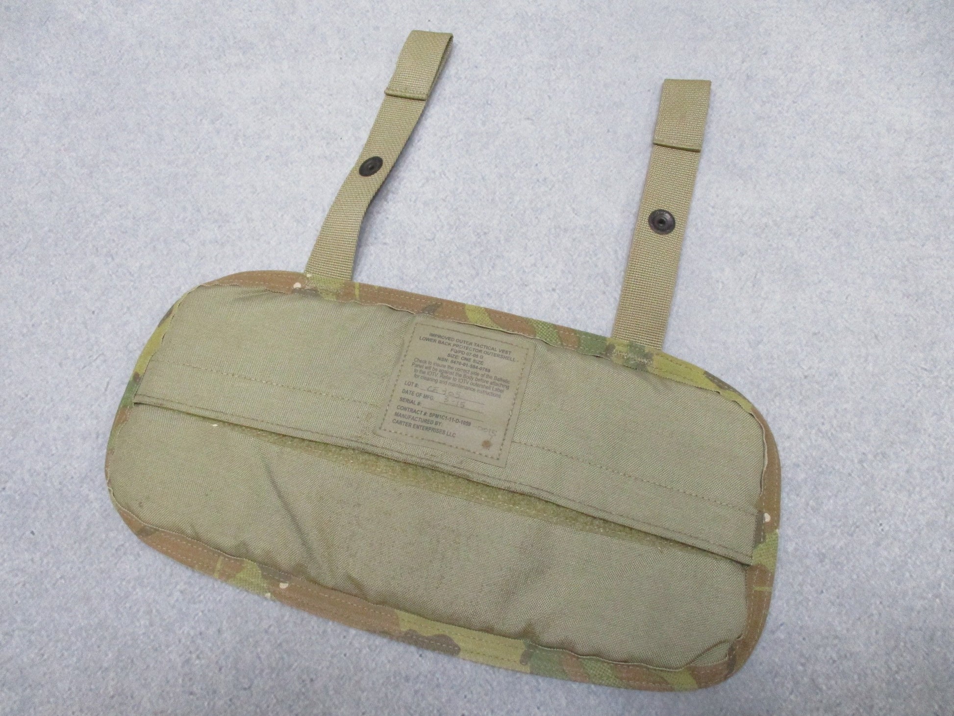 Used Multicam lower back protector with butt pad, Army OCP, by Centex Military Gear, showing padded and camouflage fabric details.
