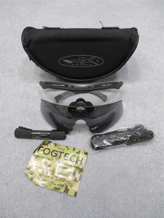 Wiley-X tactical sunglasses kit with clear and dark lenses, shatterproof eye protection, featuring durable frame and eye pro by Centex Military Gear