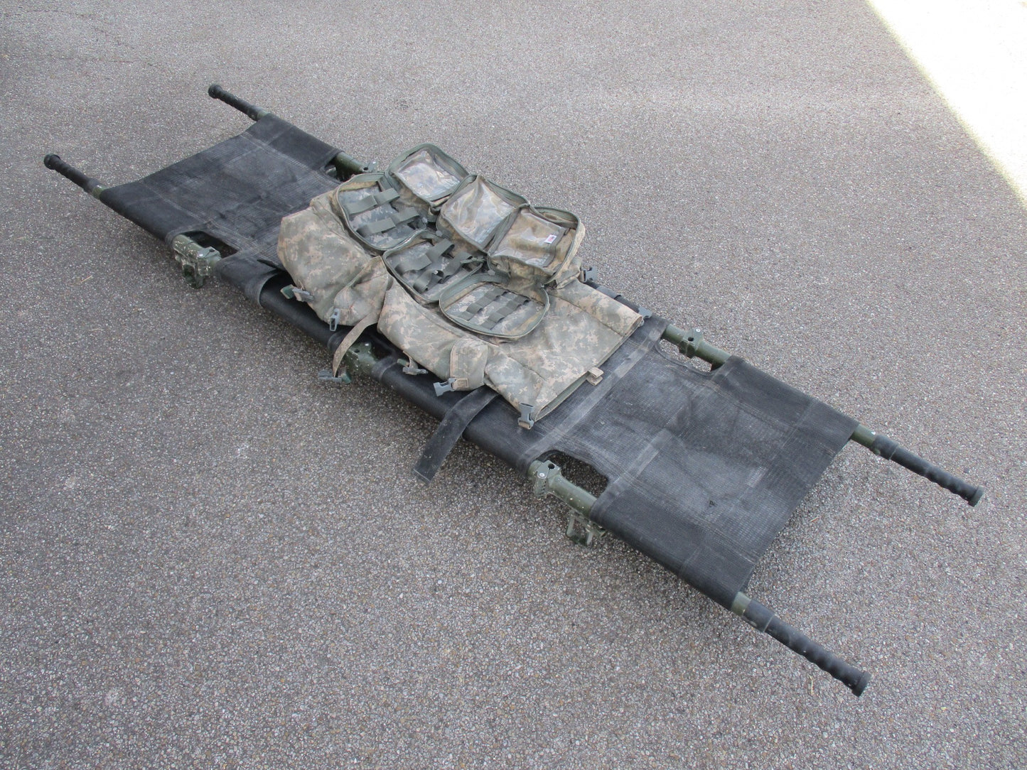 Centex Military Gear NAR Talon II 90C Army litter with carry bag, foldable medical stretcher in ACU camouflage, used and portable