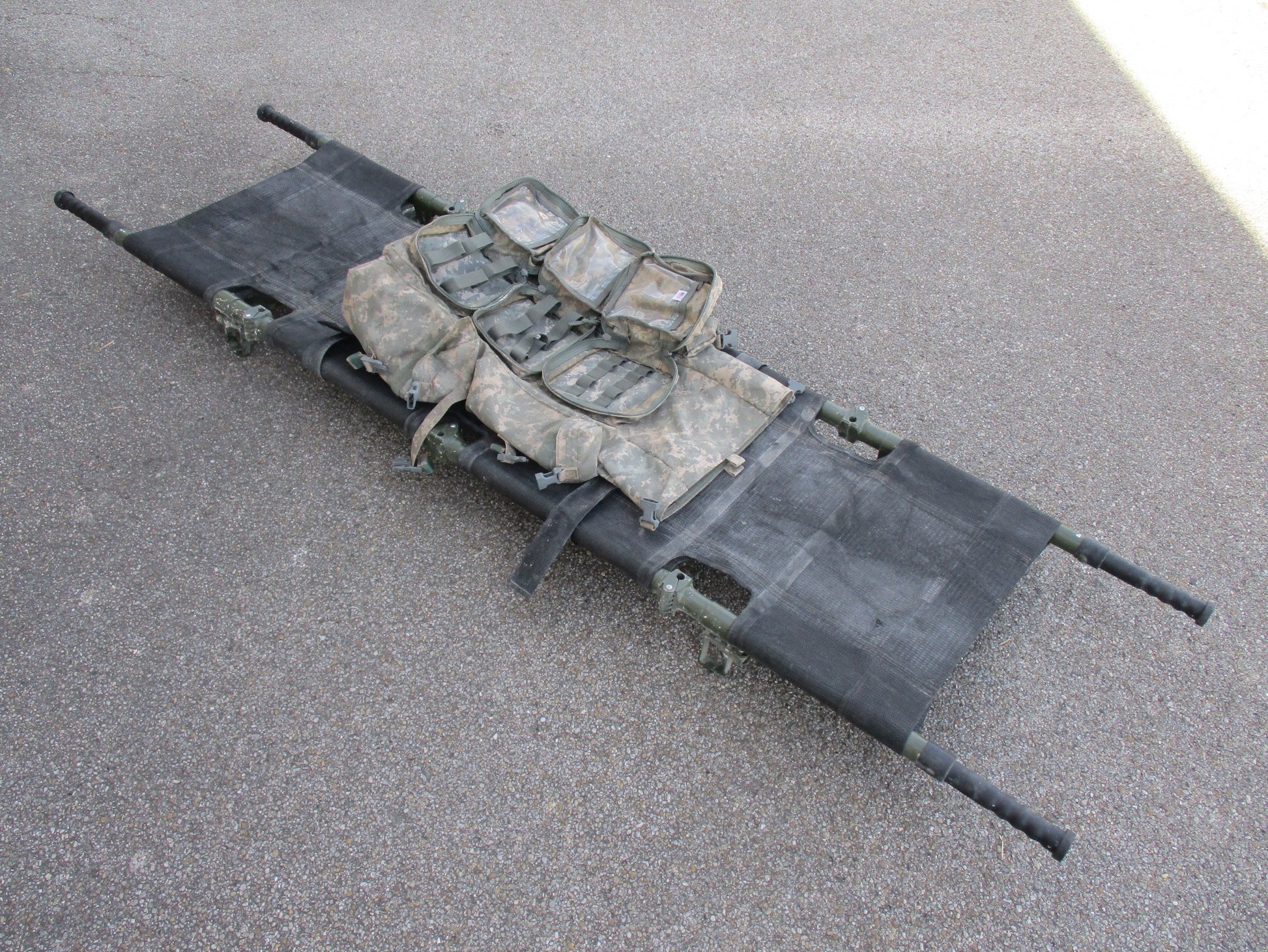 Centex Military Gear NAR Talon II 90C Army litter with carry bag, foldable medical stretcher in ACU camouflage, used and portable
