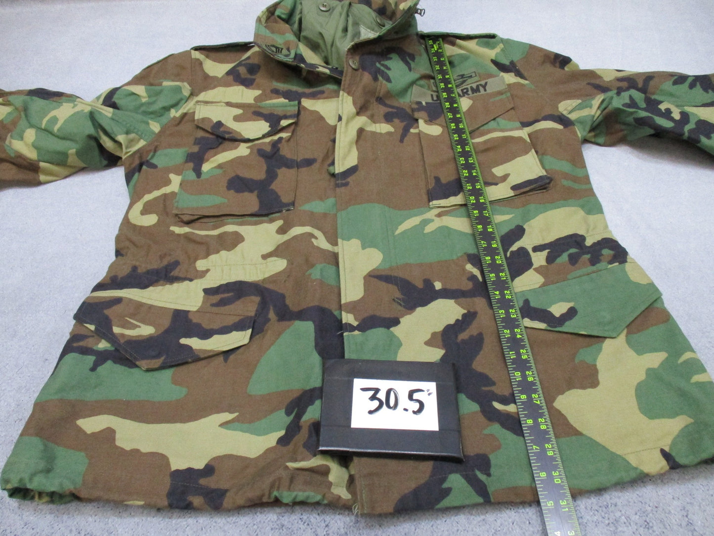 USGI M65 Field Jacket Woodland in large regular size, Cold Weather Coat with patches, by Centex Military Gear.