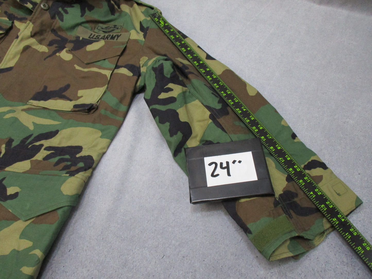 USGI M65 Field Jacket by Centex Military Gear in woodland camouflage, large regular size, with patches, ideal for cold weather.