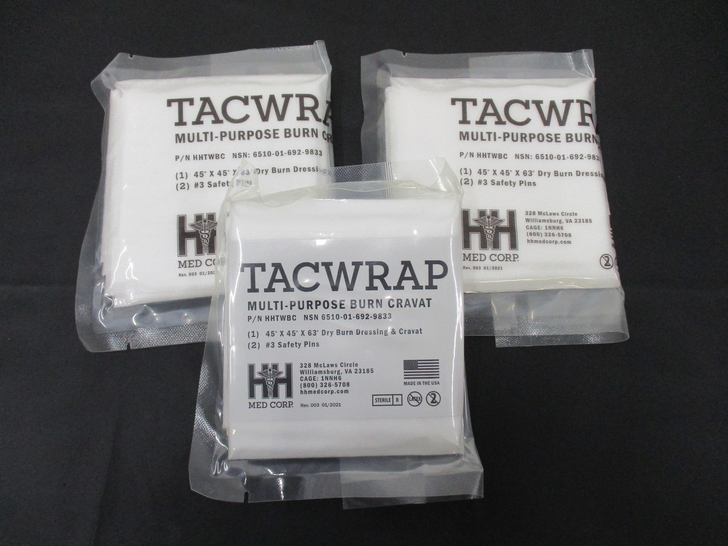 LOT OF (3) WHITE TACWRAP BURN CRAVAT TRIANGULAR BANDAGE 2026 w. SAFETY PINS