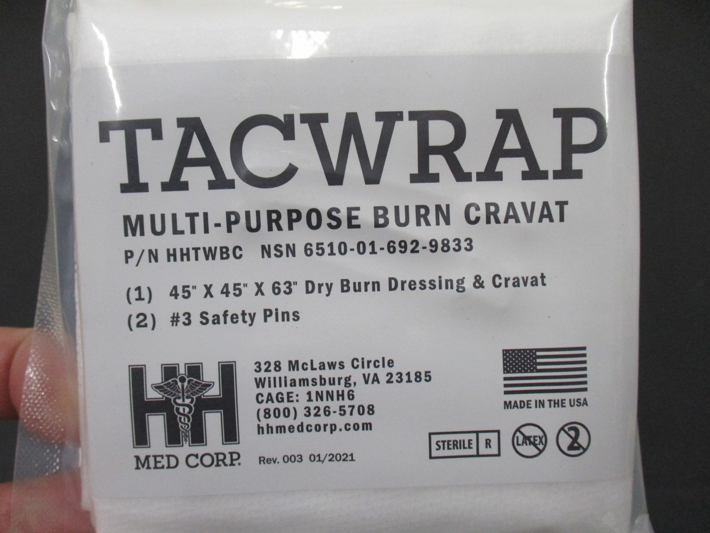 LOT OF (3) WHITE TACWRAP BURN CRAVAT TRIANGULAR BANDAGE 2026 w. SAFETY PINS