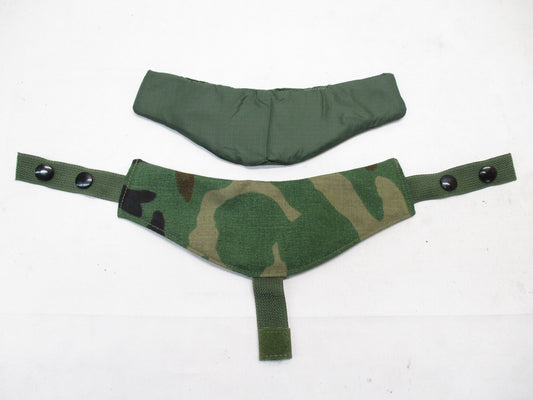 Centex Military Gear Woodland BDU throat guard and neck protector attached to a tactical body armor plate carrier vest.