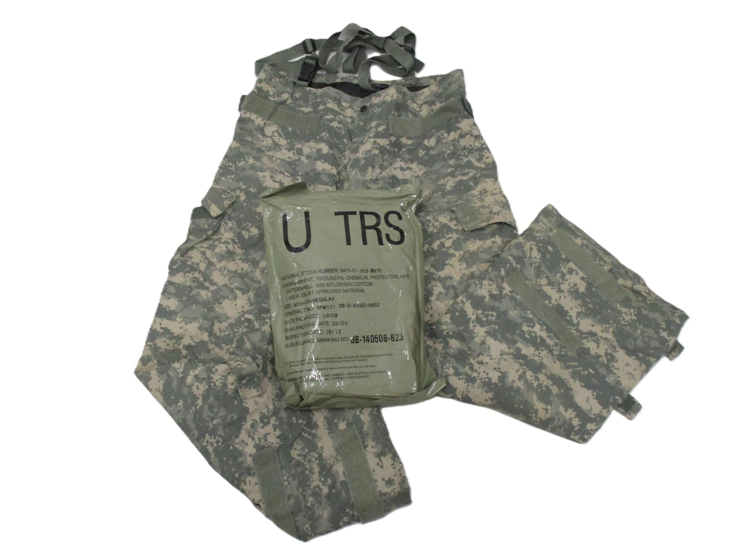 Centex Military Gear NIP ACU Digital military pants with MOPP suit chemical overgarment bottoms, designed for tactical and protective use.