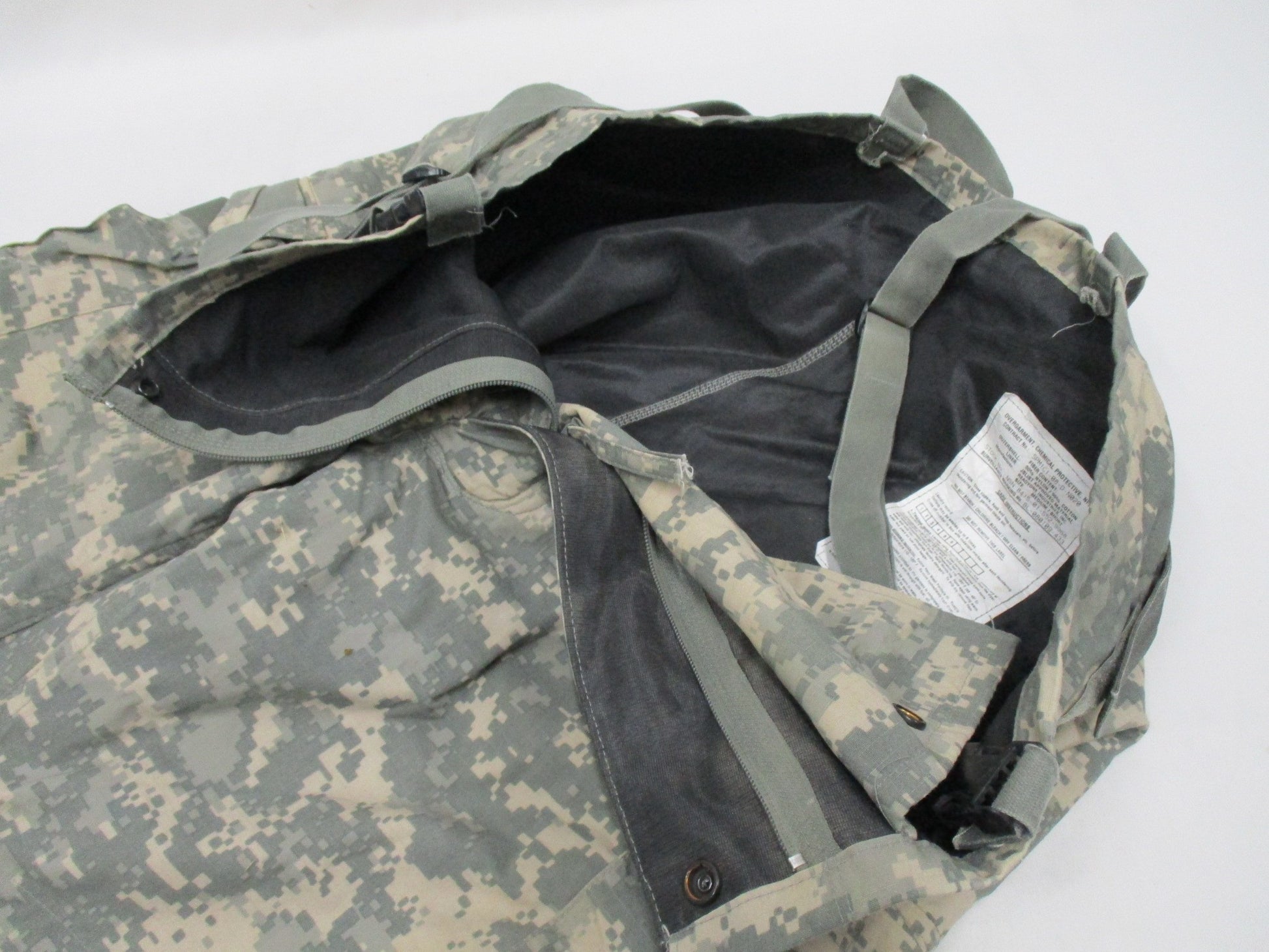 Centex Military Gear NIP ACU digital military pants with MOPP suit chemical overgarment bottoms, designed for tactical and chemical protection.