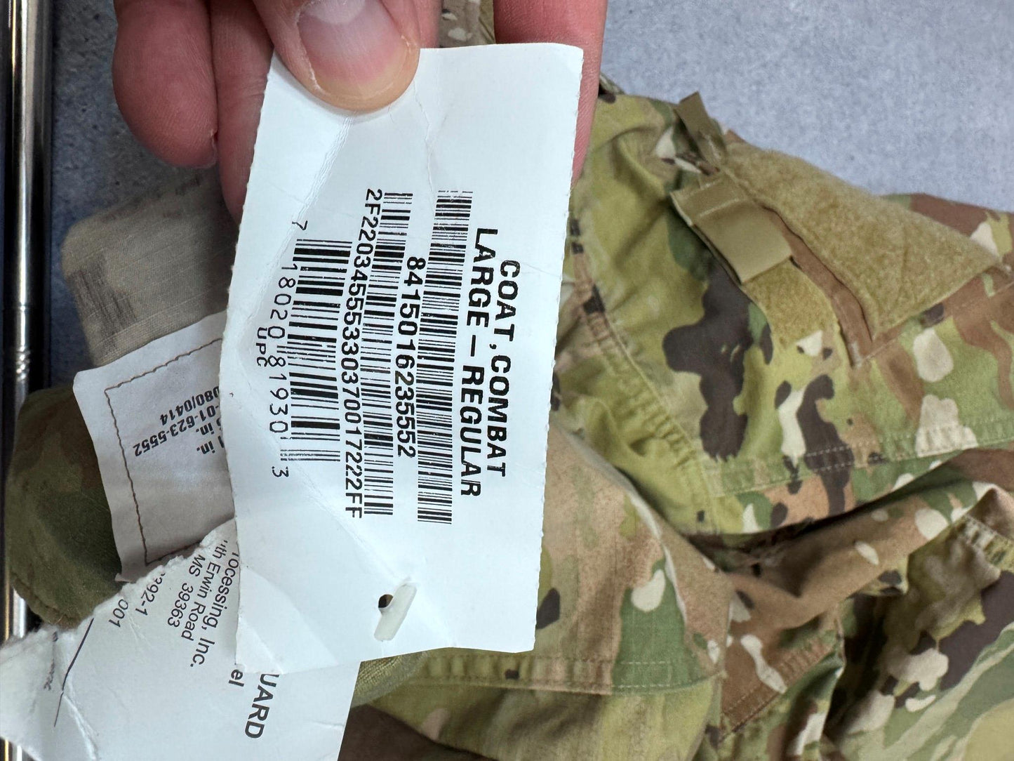 Unisex Army combat uniform shirt in OCP Scorpion camouflage with short sleeves and button front, size large-regular, by Centex Military Gear.