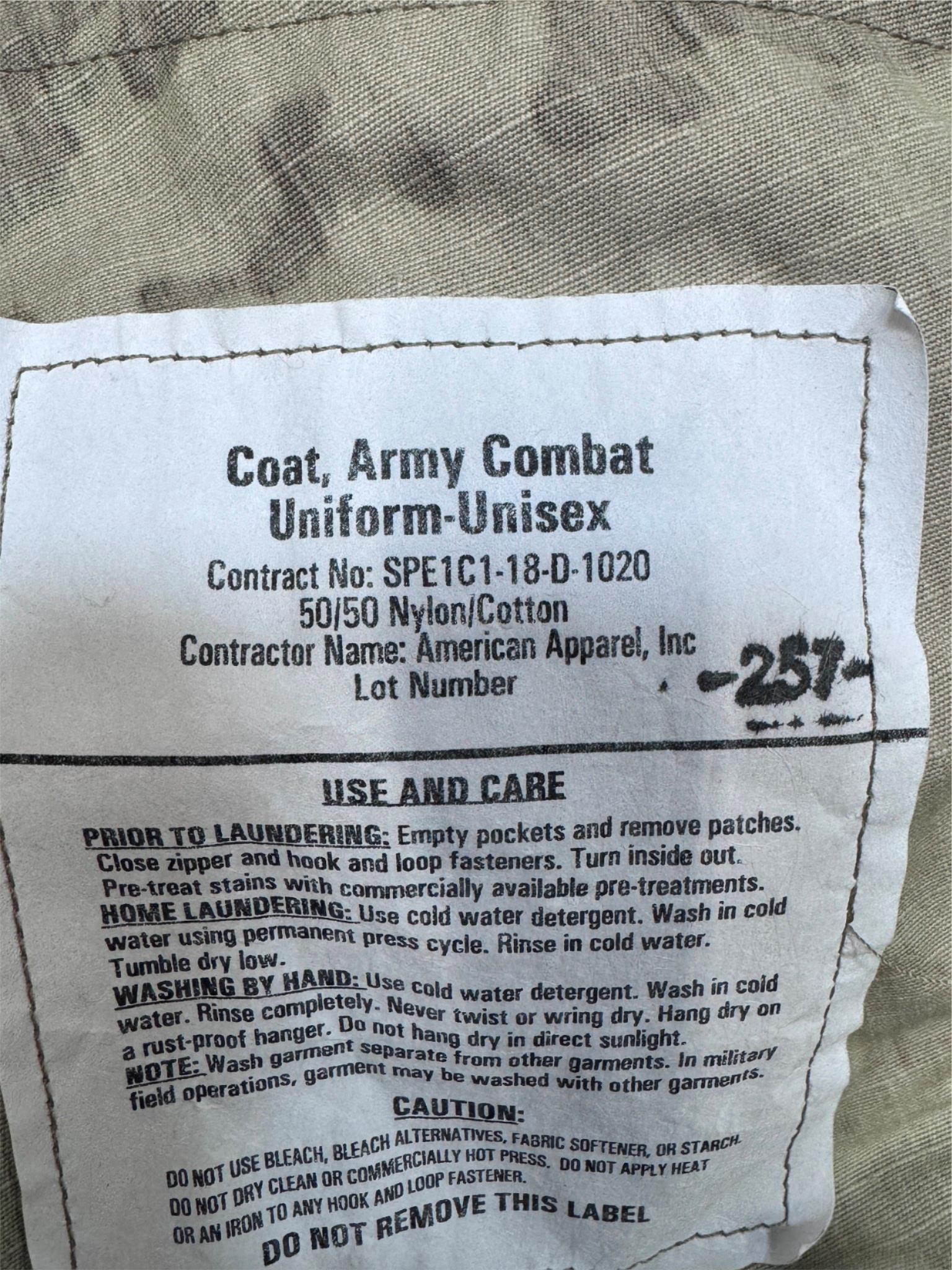 Unisex Army combat uniform shirt in OCP Scorpion camouflage, size large-regular, made from 50/50 NYCO fabric by Centex Military Gear.