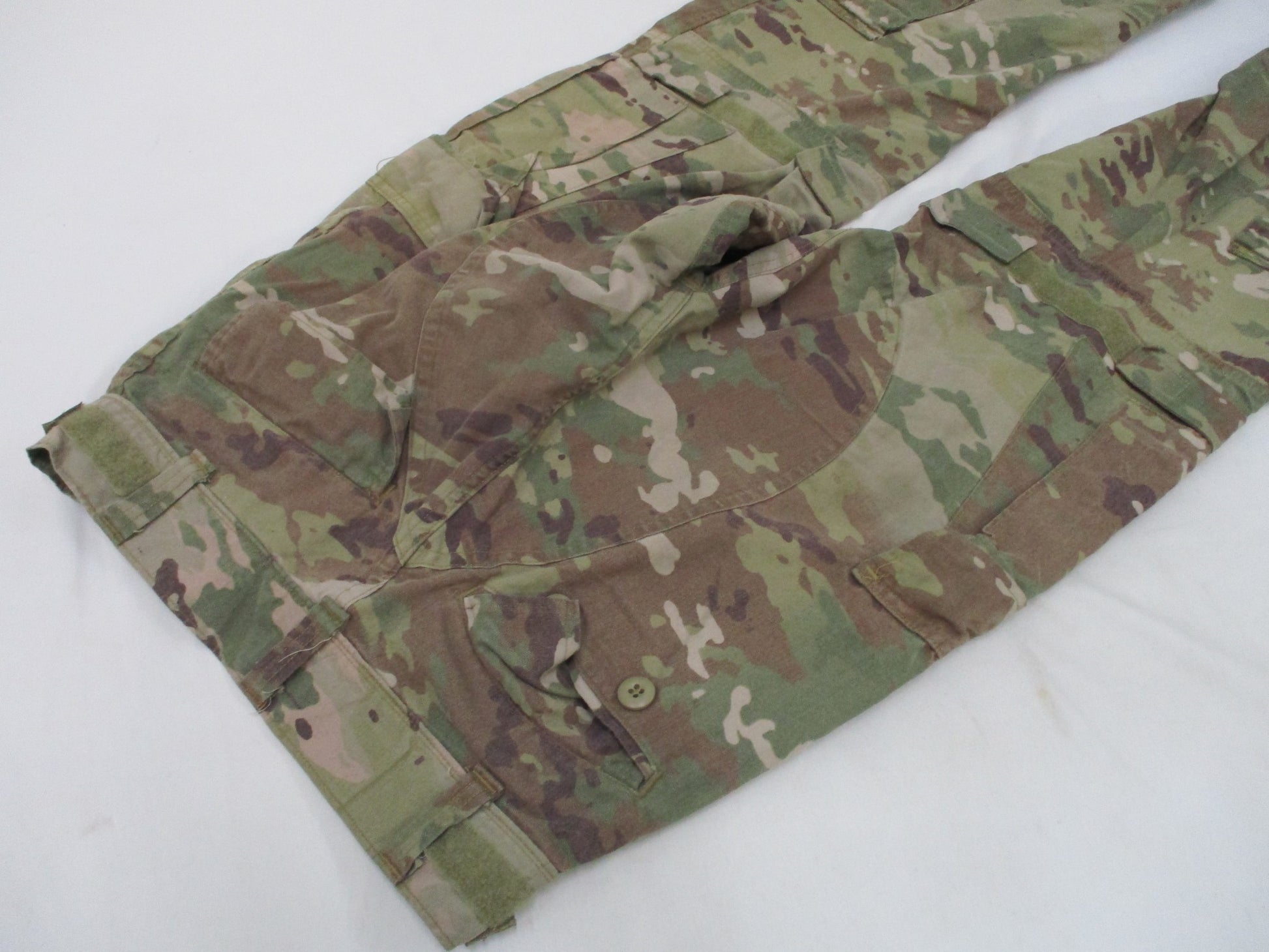 Used Army Advanced Combat Pants with knee pad slots in Scorpion OCP camouflage, size small/regular, by Centex Military Gear.