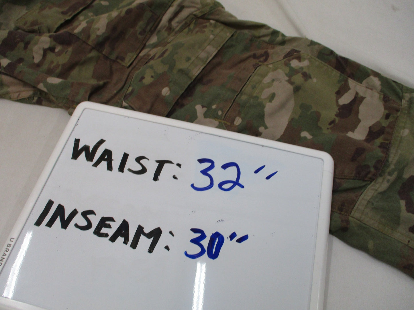 Used Centex Military Gear Army Advanced Combat Pants with knee pad slots, Scorpion OCP camouflage, small/regular size, front view.