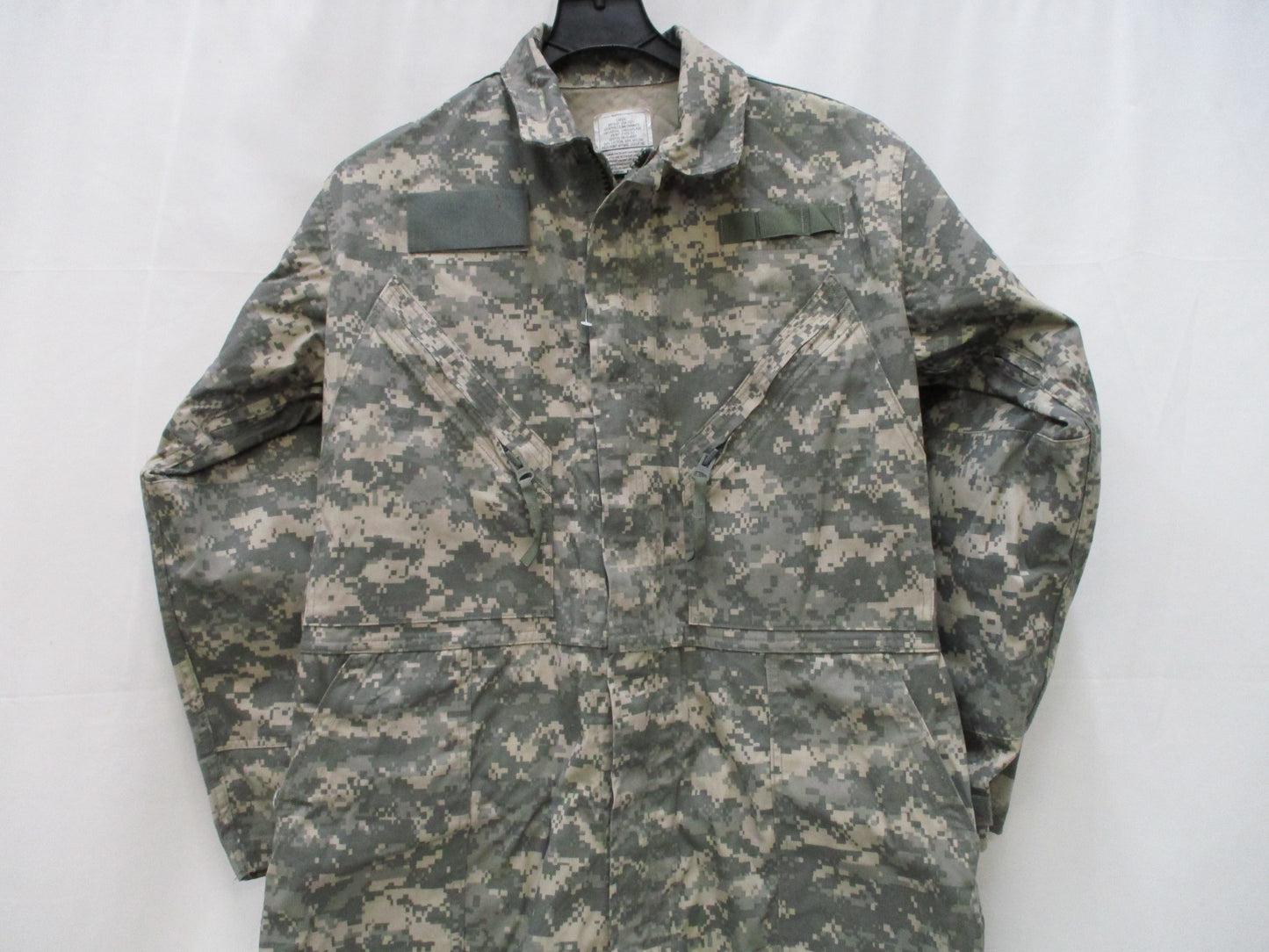 Used Centex Military Gear UCP Army mechanic coveralls, Type III large ACU digital camouflage, front view with pockets and zippers.