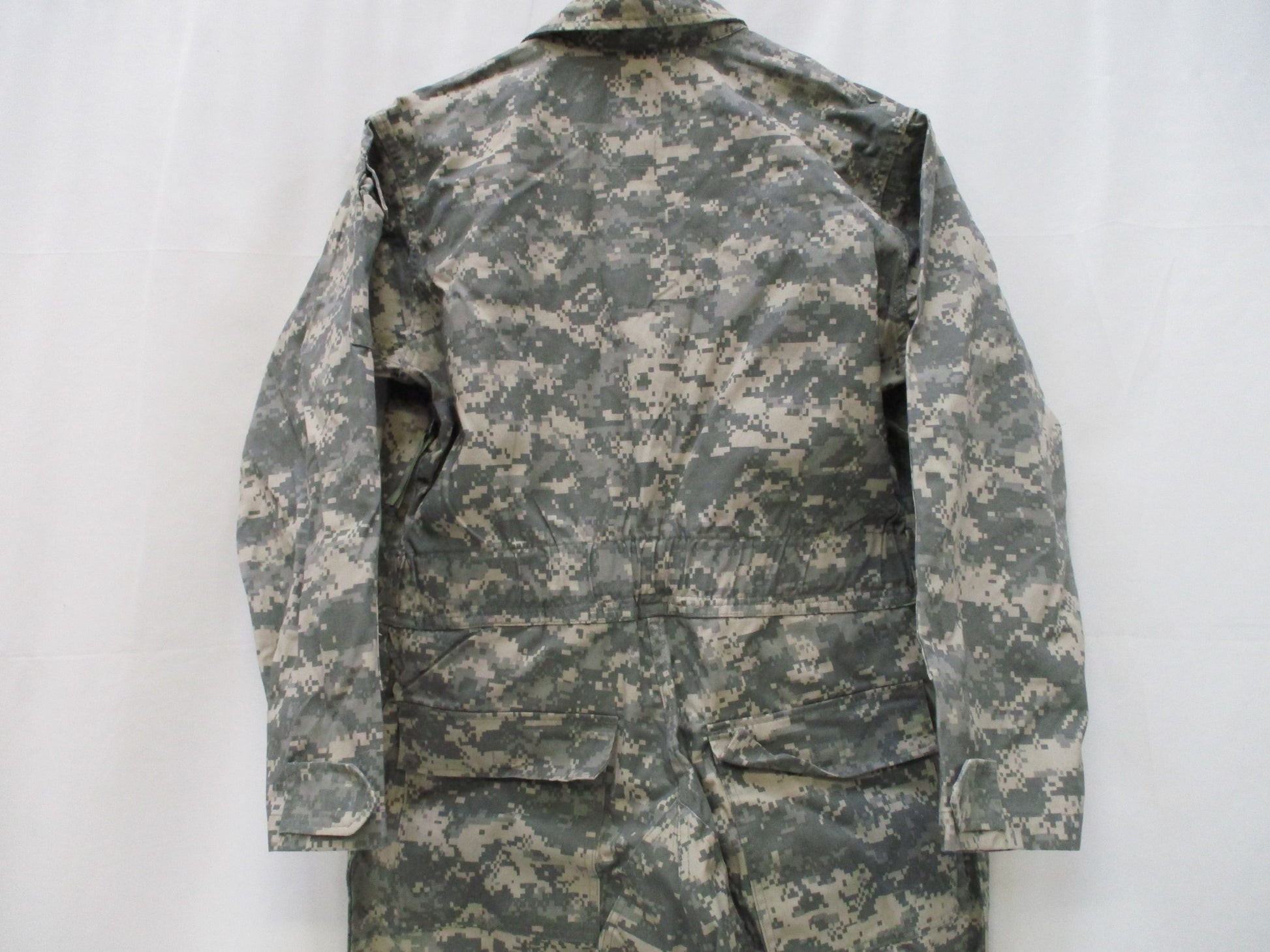 Used Centex Military Gear UCP Type III Army mechanic coveralls in large size, digital ACU camouflage, front view with pockets.