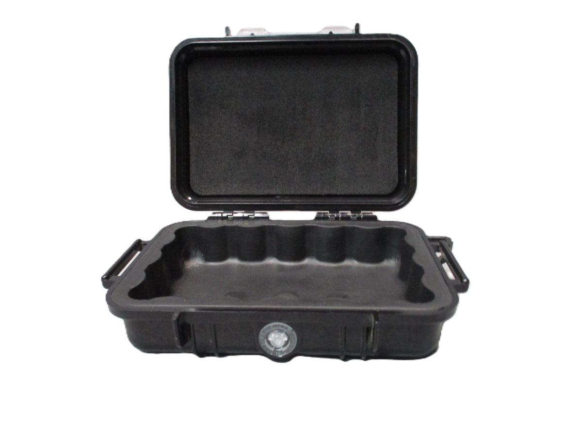 Pair of two black Pelican 1020 Micro Cases, USA-made hard storage boxes shown open and closed