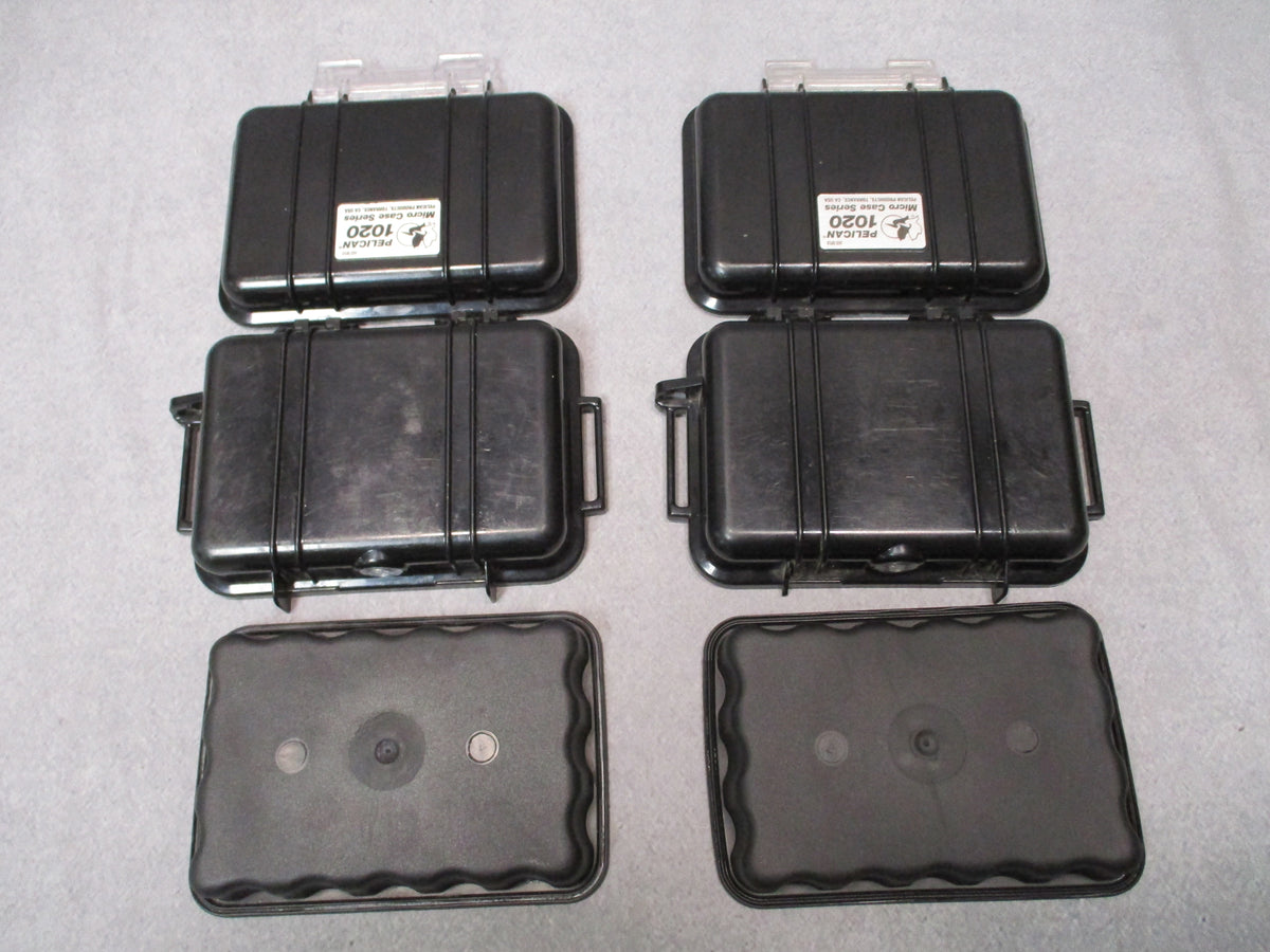 Pair of black Pelican 1020 Micro Cases, hard storage boxes, USA made and used